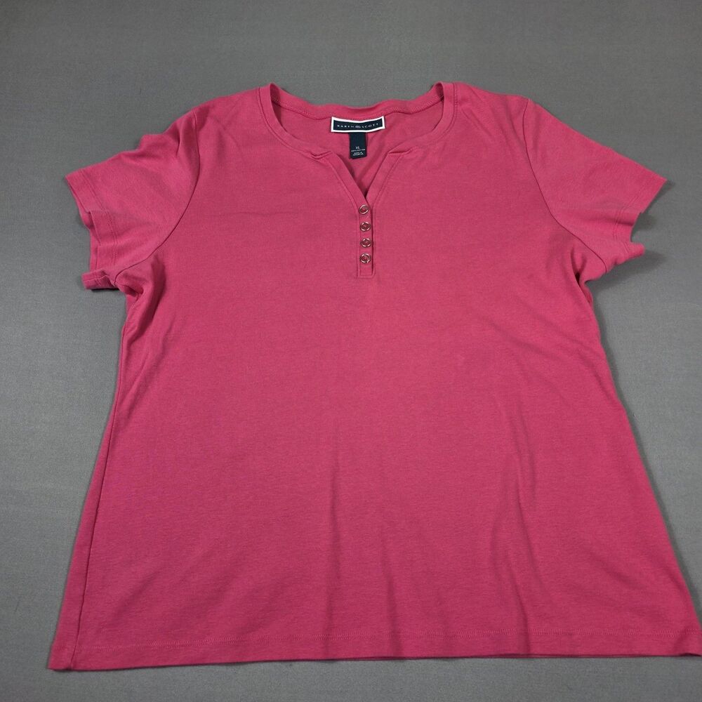 Karen Scott Henley Button T-Shirt Pink V-Neck Short Sleeve Women's Size XL - Picture 2 of 6